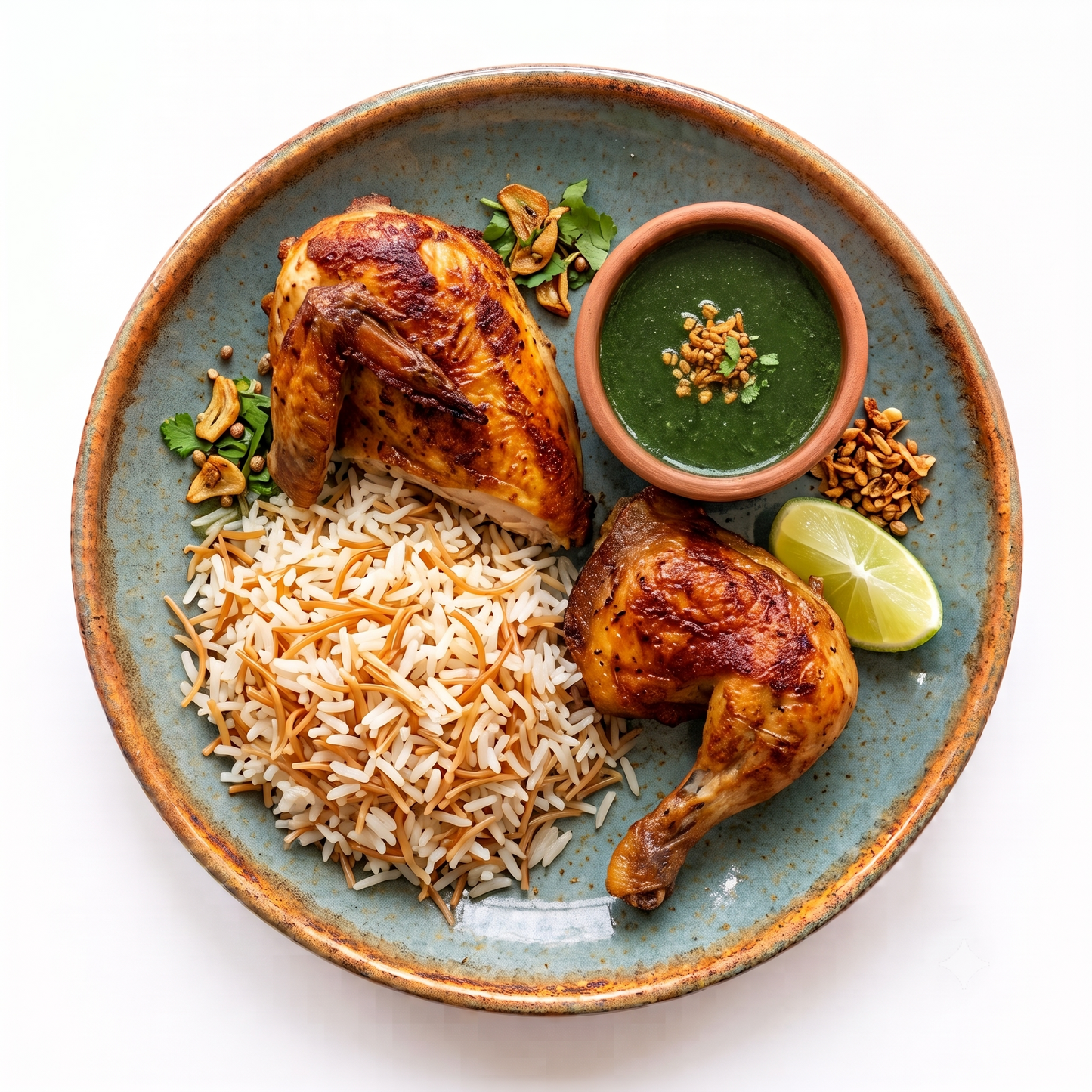 Pan-fried Chicken with Rice and Molokhia