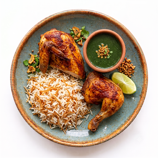 Pan-fried Chicken with Rice and Molokhia
