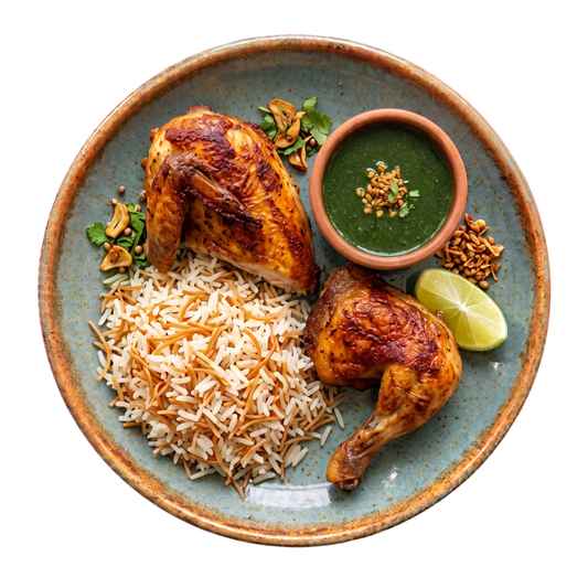 Pan-fried Chicken with Rice and Molokhia